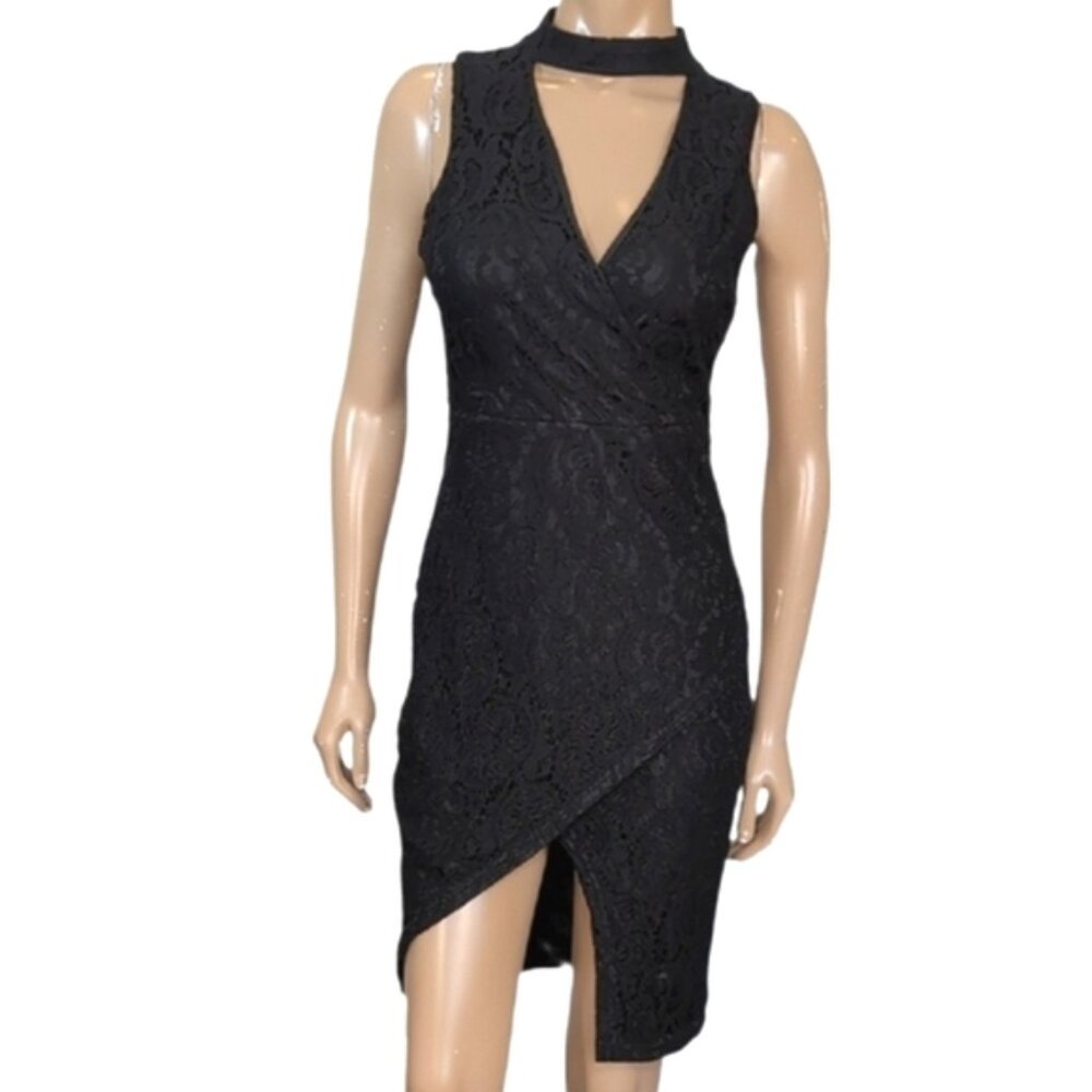 💠Another Story Sleeveless Lace Dress Choker Wrap Womens Size Medium Black Vneck